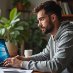 Jeune homme en hoodie utilise un ordinateur dans un bureau cosy