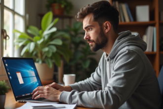 Jeune homme en hoodie utilise un ordinateur dans un bureau cosy