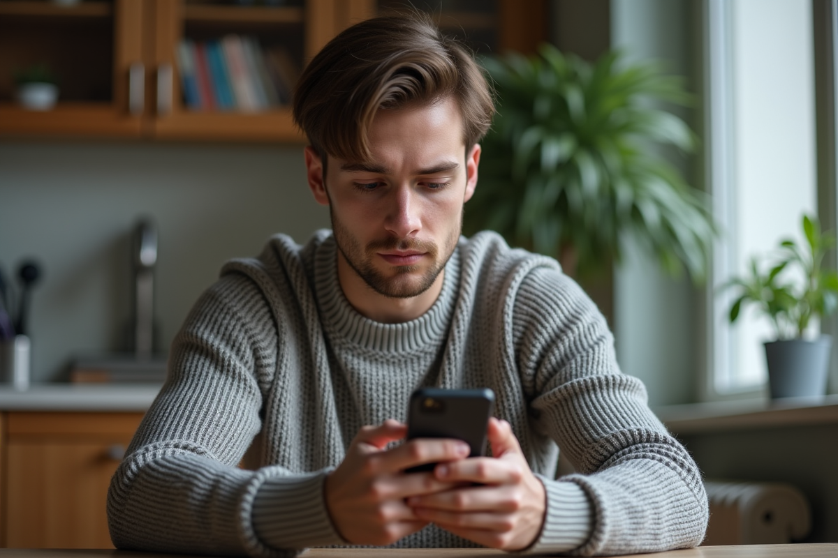 Jeune homme regarde une alerte sur son smartphone