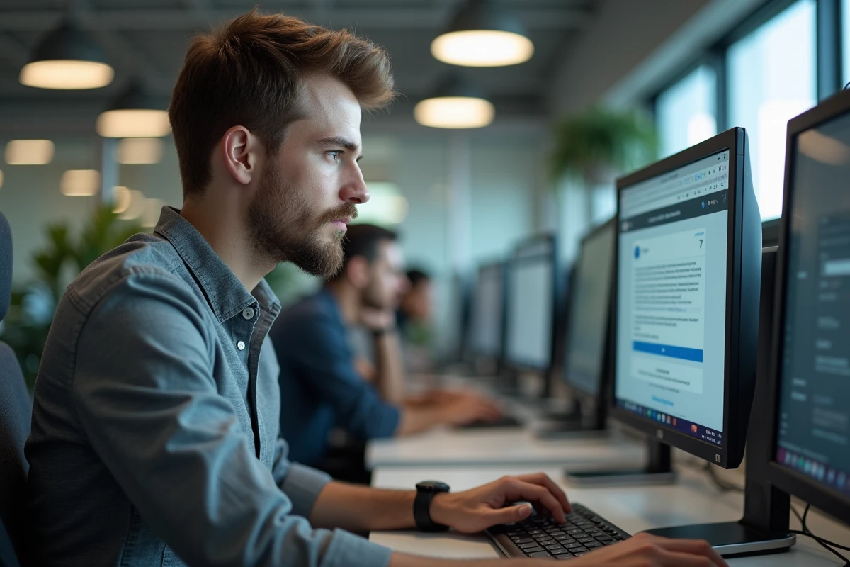 Jeune homme transférant des fichiers sur son écran au bureau