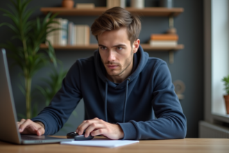 Jeune homme concentré travaillant sur son ordinateur dans un bureau moderne