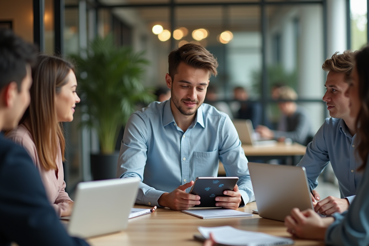 Jeune homme utilisant une tablette dans un espace de coworking