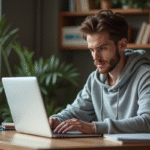 Jeune homme en hoodie travaillant sur un laptop dans un bureau moderne