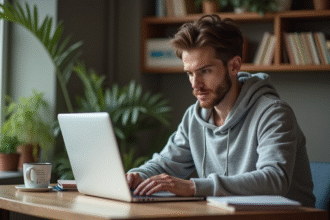 Jeune homme en hoodie travaillant sur un laptop dans un bureau moderne