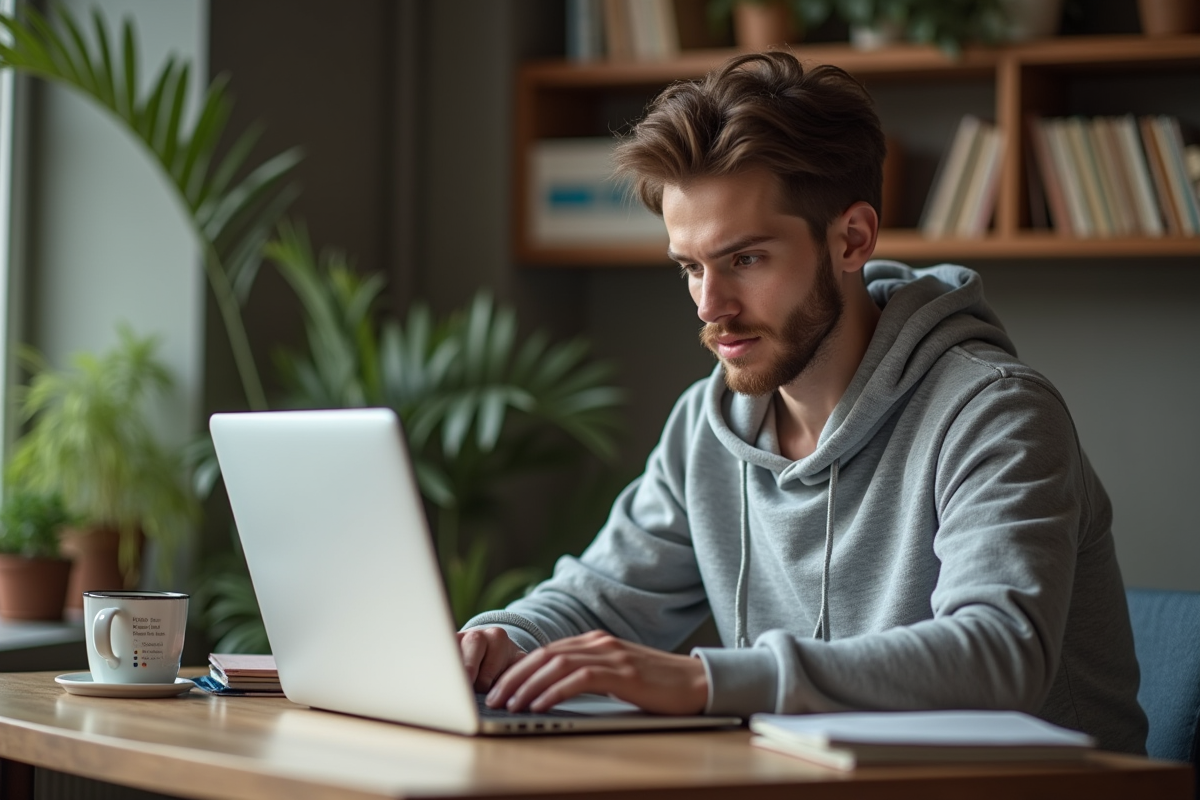 Jeune homme en hoodie travaillant sur un laptop dans un bureau moderne