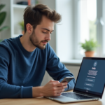 Jeune homme vérifiant un code sur smartphone dans son bureau