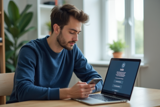 Jeune homme vérifiant un code sur smartphone dans son bureau