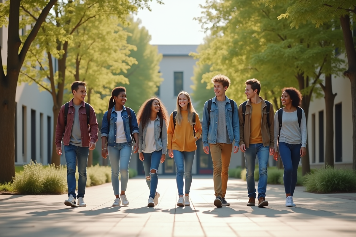 Groupe d'élèves souriants dans la cour de l'école