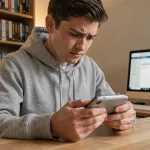 Jeune homme jouant à une ROM GBA Pokémon en français sur un Game Boy Advance SP dans une chambre confortable