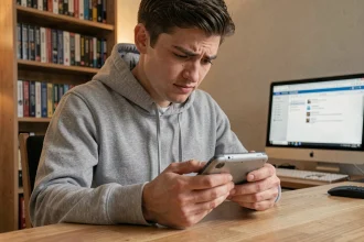 Jeune homme jouant à une ROM GBA Pokémon en français sur un Game Boy Advance SP dans une chambre confortable