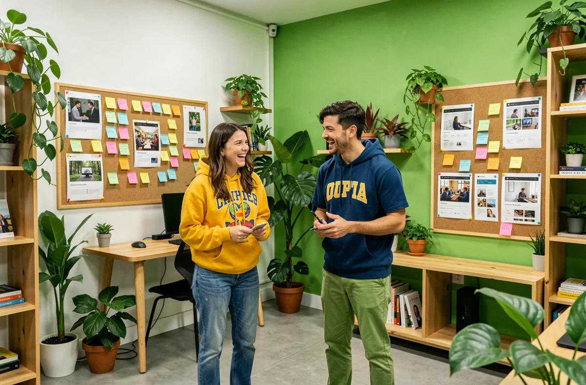 Deux créatifs de la Kiwi Agency en pleine séance de brainstorming dans un studio coloré avec mur vert et plantes tropicales