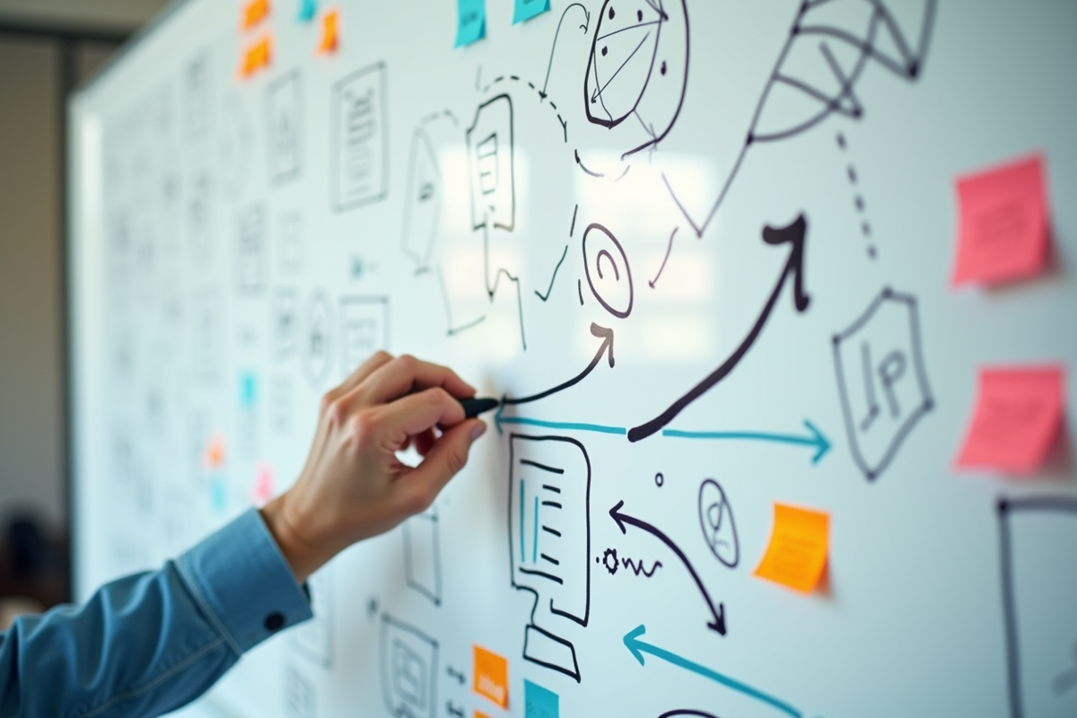 Main dessinant une flèche sur un tableau blanc avec diagrammes web