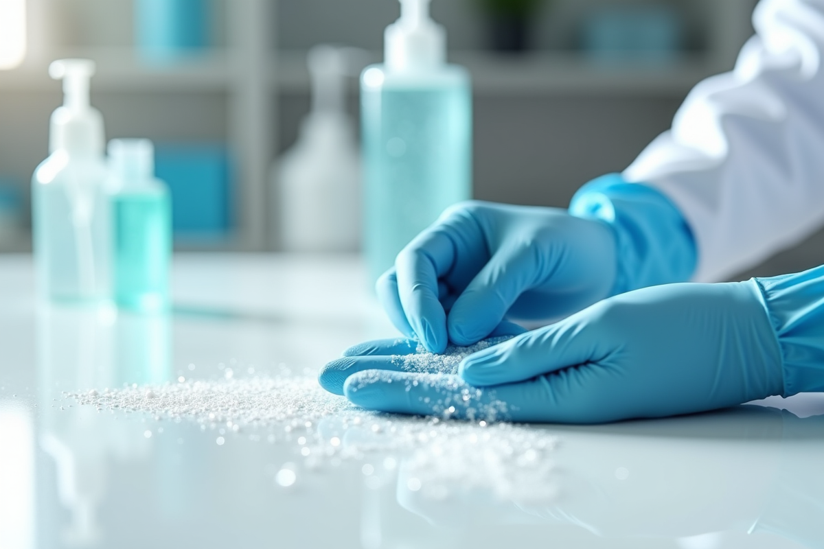 Mains gantées versant du sanitizer sur une surface propre avec objets brillants