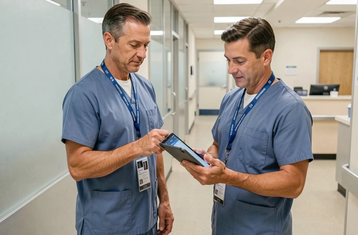 Médecin radiologue consultant une interface de prescription numérique sur tablette dans un couloir clinique