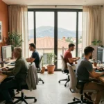 Agence WordPress dans les Pyrénées-Orientales avec vue sur les toits et les montagnes, équipe de professionnels du web collaborant autour de postes de travail