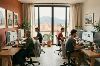 Agence WordPress dans les Pyrénées-Orientales avec vue sur les toits et les montagnes, équipe de professionnels du web collaborant autour de postes de travail