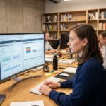 Une professionnelle comparant les meilleurs hébergeurs web sur son ordinateur dans un bureau moderne