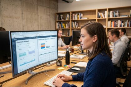Une professionnelle comparant les meilleurs hébergeurs web sur son ordinateur dans un bureau moderne