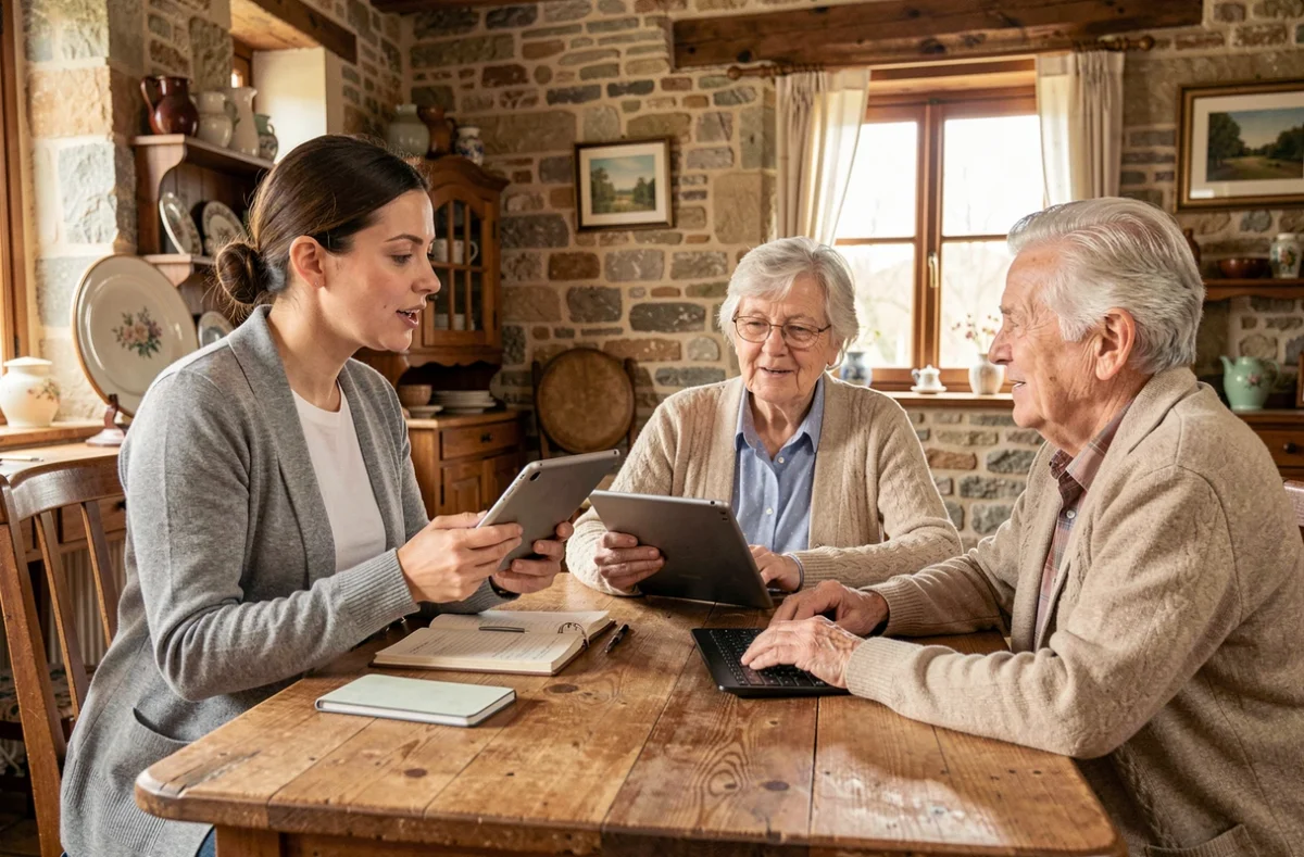 Technicienne de Micro Landes Assistance aidant un couple de seniors avec leur ordinateur à domicile