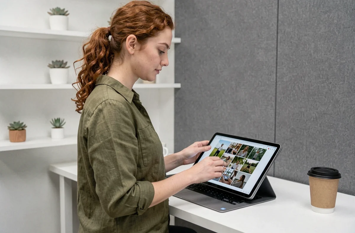 Jeune femme utilisant une tablette tactile pour fusionner et organiser des images JPG en un montage photo