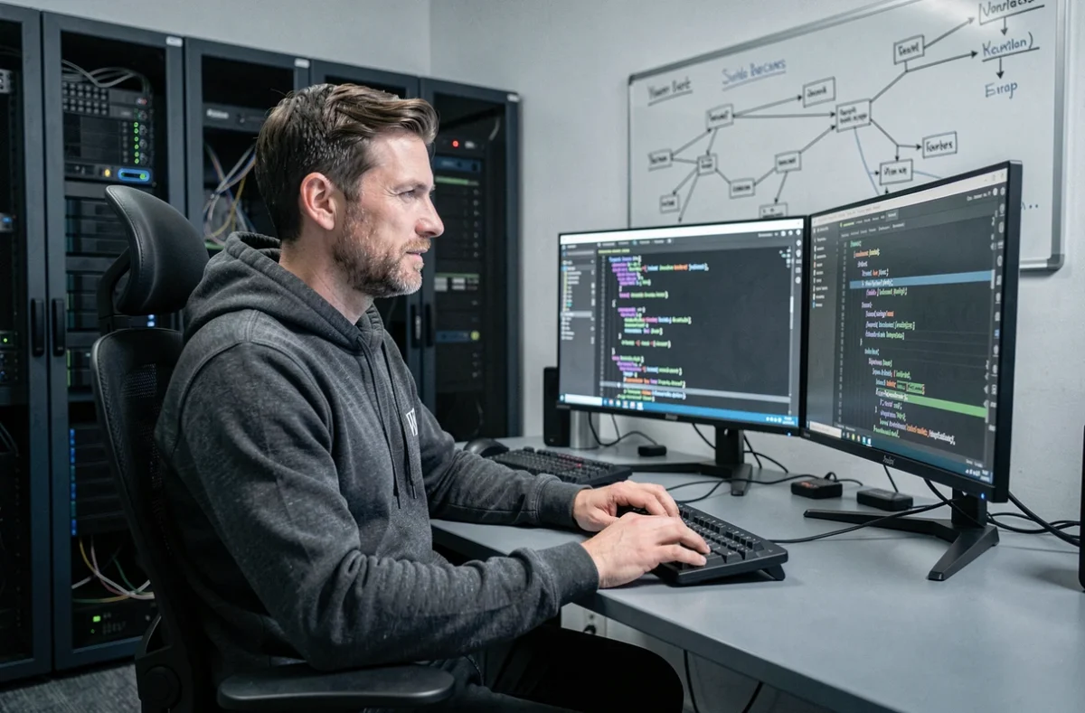 Développeur technique de Net Catalyst travaillant sur une installation WordPress dans un bureau informatique avec racks de serveurs visibles