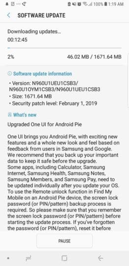 US unlocked Galaxy Note 9 Pie update