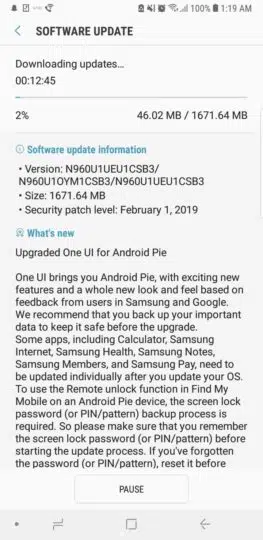 US unlocked Galaxy Note 9 Pie update
