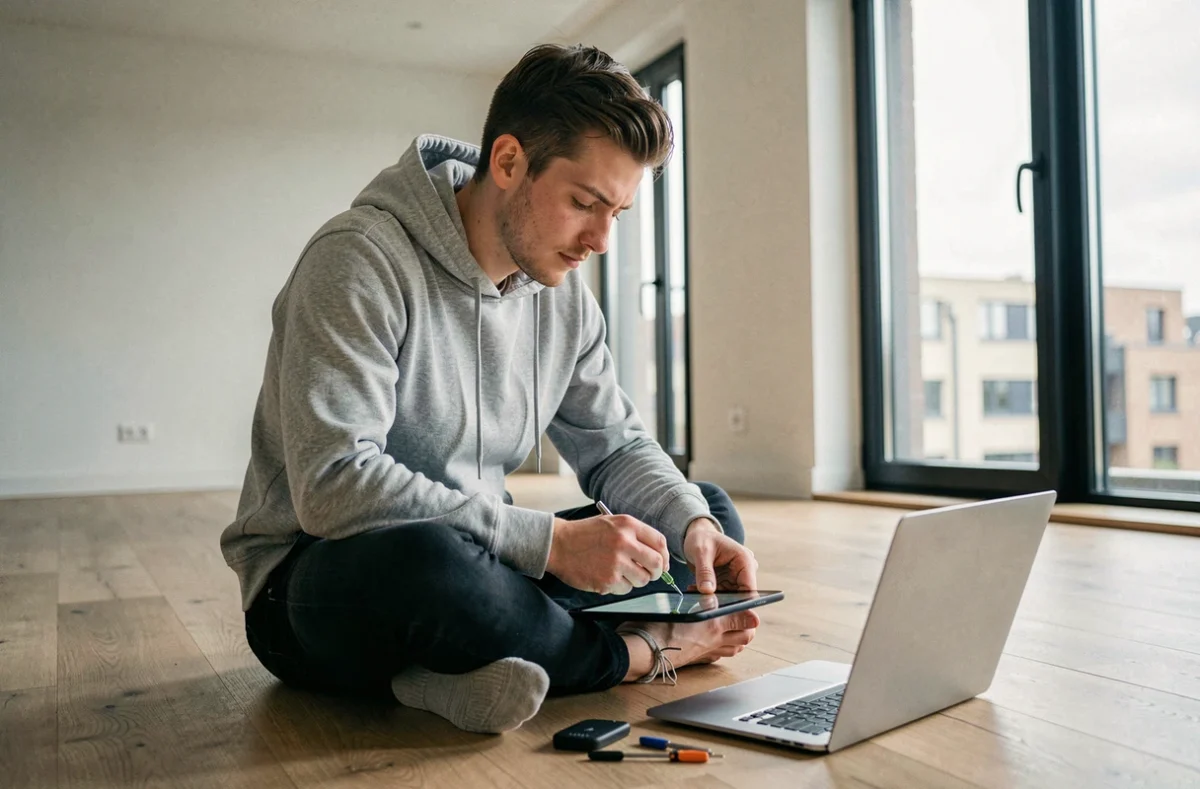 Technicien Ordi40 réparant une tablette avec des outils de précision dans un appartement moderne