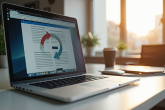 Ordinateur portable sur un bureau moderne avec une page web en redirection