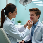 Jeune orthodontiste ajustant un appareil dentaire à un adolescent