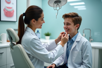 Jeune orthodontiste ajustant un appareil dentaire à un adolescent