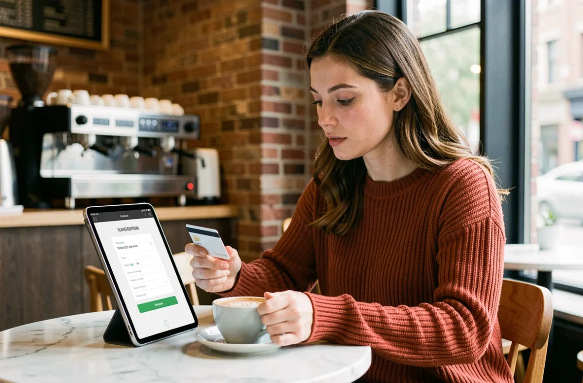Femme réglant un abonnement CDN 1fichier par carte bancaire sur une tablette dans un café
