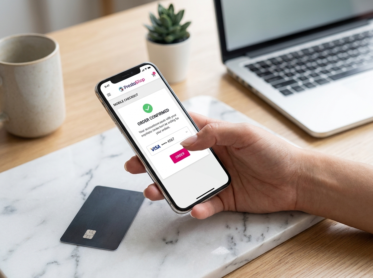 Paiement mobile sur une boutique PrestaShop avec carte bancaire posée sur un comptoir en marbre