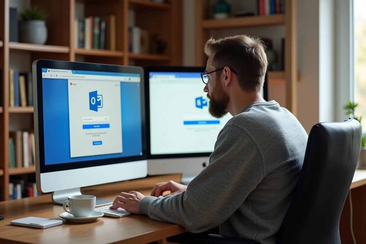 Homme paramétrant Outlook avec un compte webmail académique Aix-Marseille sur un bureau à domicile