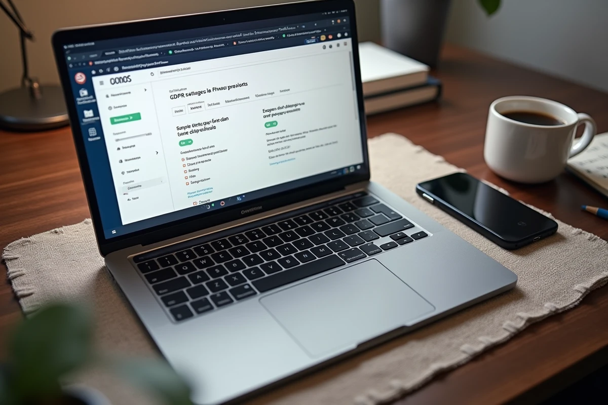 Vue aérienne d'un ordinateur portable affichant les paramètres de confidentialité RGPD du webmail IONOS sur un bureau en noyer