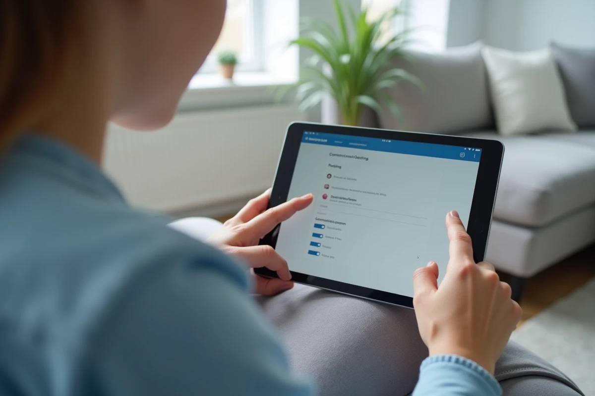 Parent et adolescent utilisant un paramètre de filtre de contenu sur une tablette, illustrant le contrôle parental et SafeSearch