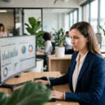 Femme professionnelle analysant des listes de contacts pour personnaliser des campagnes email de masse dans un bureau moderne