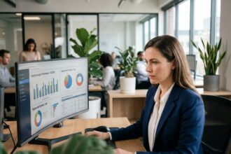Femme professionnelle analysant des listes de contacts pour personnaliser des campagnes email de masse dans un bureau moderne