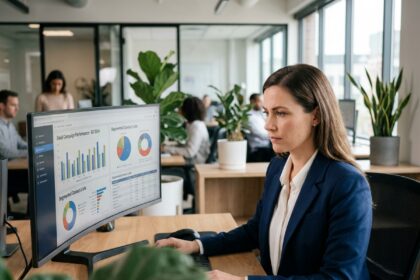 Femme professionnelle analysant des listes de contacts pour personnaliser des campagnes email de masse dans un bureau moderne