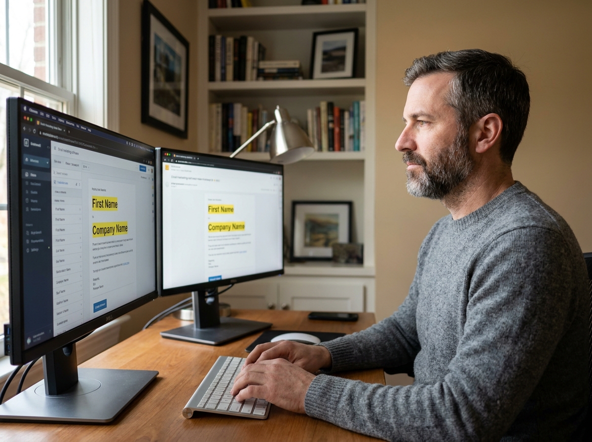 Homme travaillant sur la personnalisation de templates email avec des champs dynamiques sur deux écrans dans un bureau à domicile