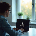 Personne au bureau regardant un laptop avec erreur F34111009