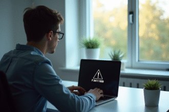 Personne au bureau regardant un laptop avec erreur F34111009
