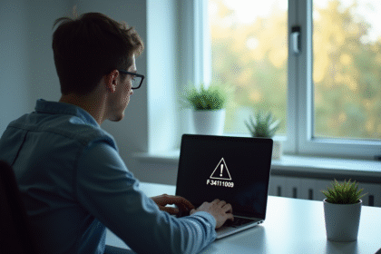 Personne au bureau regardant un laptop avec erreur F34111009