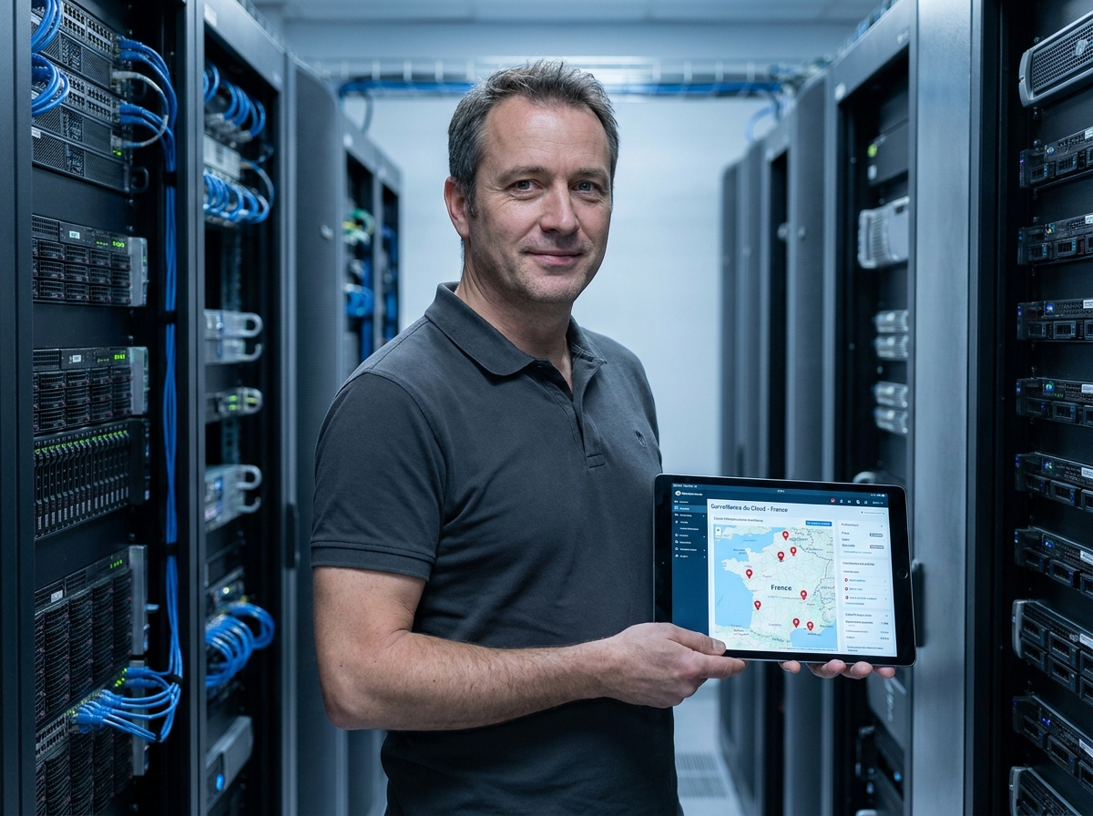 Un technicien IT dans un datacenter français supervisant l'infrastructure cloud de PlanetHoster