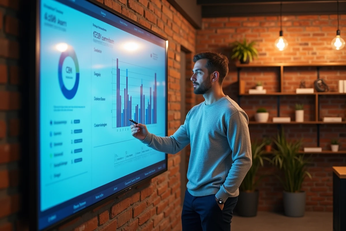 Homme présentant un tableau de bord CRM sur un écran interactif dans un espace de travail moderne de startup