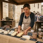 Fromagère disposant soigneusement des fromages régionaux sur une ardoise dans un marché de terroir en plein air
