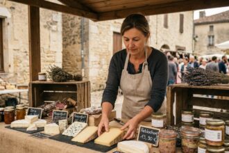 Fromagère disposant soigneusement des fromages régionaux sur une ardoise dans un marché de terroir en plein air