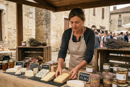 Fromagère disposant soigneusement des fromages régionaux sur une ardoise dans un marché de terroir en plein air