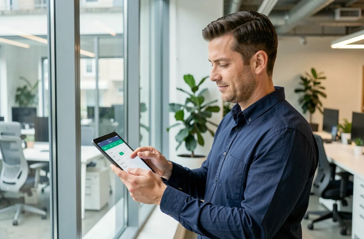 Professionnel paramétrant un compte Zimbra Polytechnique sur une tablette dans un espace de travail moderne