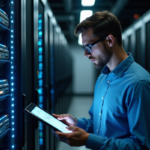 Homme IT professionnel vérifiant diagrammes réseau sur tablette